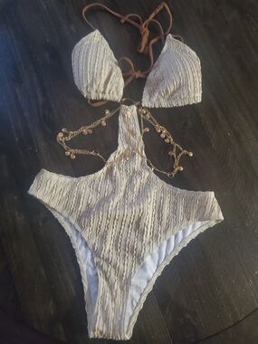 CreamTextured One-Piece Swimsuit with Decorative Gold Chains